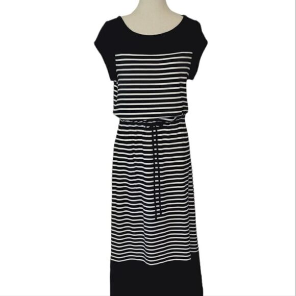 Talbots Navy Blue Striped Cap Sleeve Drawstring Side Slit Maxi Dress Size LP - Picture 1 of 11